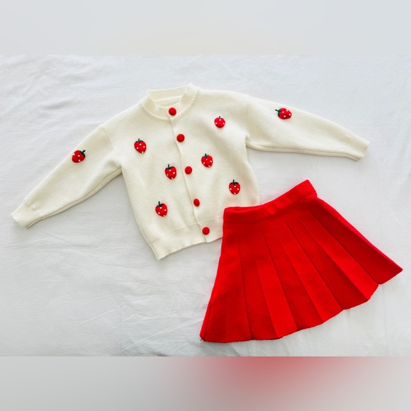 Cream and Red Strawberry Cardigan and Skirt Set Toddler Girl 3T - Picture 3 of 4